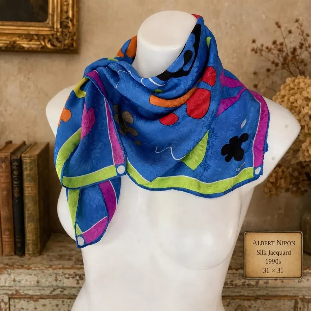 Vintage Albert Nipon Silk Jacquard Scarf 1990s Matisse Cutout Abstract 31x31